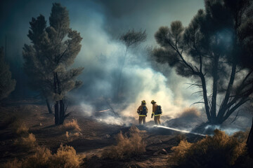 Braving the Flames: Two Firefighters Battle Wildfire. Generative Ai