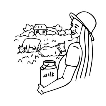 recommend clip art: Happy female farmer carries milk on the background of the farm and cows.  Illustration isolated on white background.  Perfect for packaging, advertising, design, logo