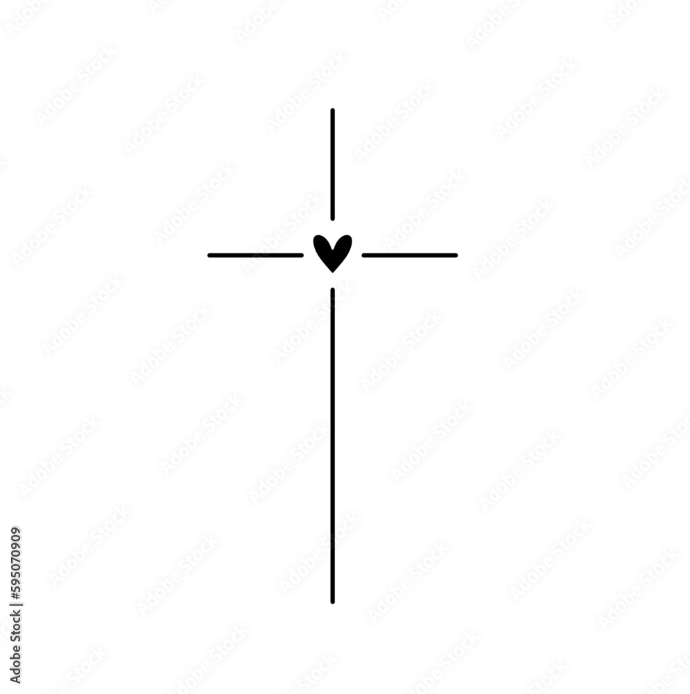 Wall mural vector isolated one single simplest cross with little heart in center colorless black and white cont
