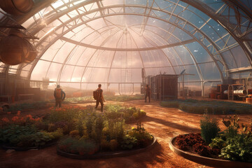 Martian Farmers Tending to Crops in a Glass Dome. Generative Ai