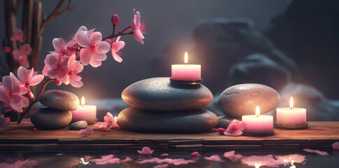 Tranquility in Nature. Zen stones, candles and blooming cherry. . Generative Ai