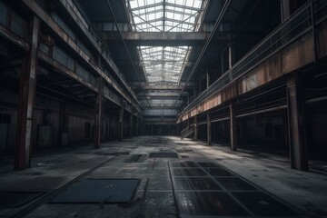 Empty abandoned factory industrial building created with AI. Generative AI