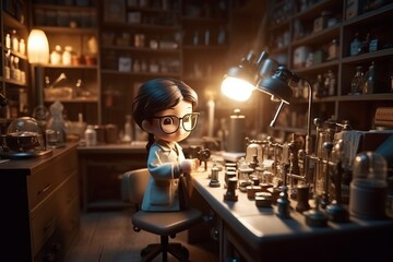 Fototapeta na wymiar doll scientist, laboratory room filled with high-tech equipment such as microscopes, test tubes, beakers, and computers, Chibi,