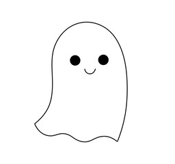 Vector isolated one single cute cartoon simplest smiling ghost under white sheet colorless black and white contour line easy drawing