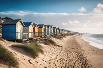 Fototapeta premium A Coastal Retreat: French Beach Huts. Generative Ai
