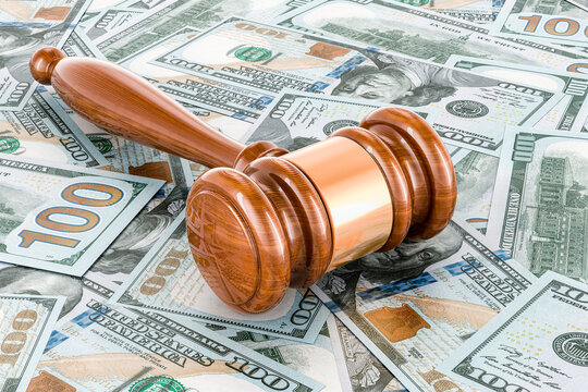 Wooden gavel on the dollars background, 3D rendering