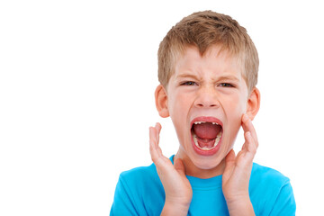 Angry, screaming and portrait of boy on png for attention, tantrum and announcement. News, voice and shouting with young child isolated on transparent background for message, loud and conversation