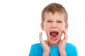 Angry, screaming and portrait of boy on png for attention, tantrum and announcement. News, voice and shouting with young child isolated on transparent background for message, loud and conversation