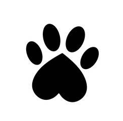 Vector isolated one single heart shaped paw dog cat kitten bear colorless black and white outline silhouette shadow shape