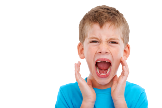 Angry, screaming and portrait of boy on png for attention, tantrum and announcement. News, voice and shouting with young child isolated on transparent background for message, loud and conversation