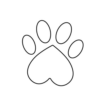 Vector isolated one single heart shaped paw dog cat kitten bear colorless black and white contour line easy drawing
