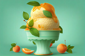 Homemade apricot or peach ice cream , sorbet in bowl with mint leaves. Closeup. Generative Ai