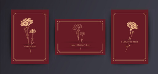 Vector of Mother's Day invitation card template set. Luxury vintage with golden carnation flower decoration.