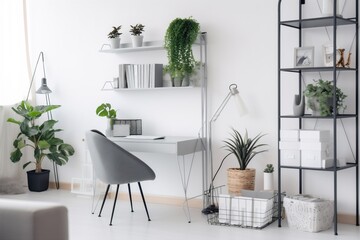interior background style stylish workspace design office space monitor shelves mockup table. Generative AI.