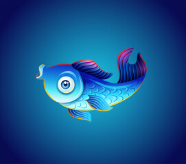 Fish illustration. Cartoon style. Small surprised fish character isolated on blue gradient. Vector illustration