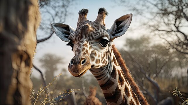 Wallpaper of a cute baby giraffe. Created with generative Ai technology