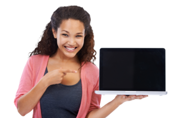 Mockup, computer screen and woman in portrait isolated on transparent, png background pointing to university website. Happy, biracial person on laptop mock up, college application or promotion space