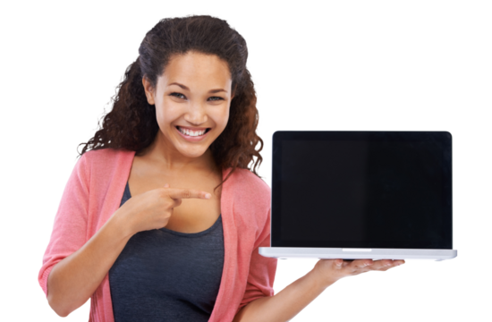 Mockup, computer screen and woman in portrait isolated on transparent, png background pointing to university website. Happy, biracial person on laptop mock up, college application or promotion space