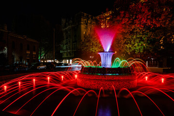 Colourful luminous fountain in evening Sofia, Bulgaria