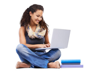 Computer, education and woman or student isolated on transparent, png background with books and online learning. University student or biracial person on floor with laptop for studying and college