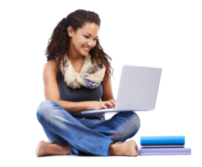 Computer, education and woman or student isolated on transparent, png background with books and online learning. University student or biracial person on floor with laptop for studying and college