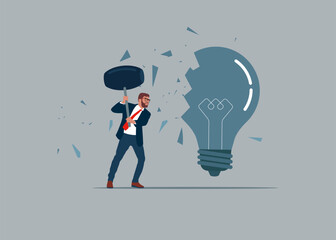 Businessman using sledgehammer and breaks light bulb . Flat vector illustration.