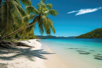 Obraz na płótnie Canvas Paradise Found: A Beach with Palm Trees, White Sand, and Crystal Clear Water. Generative Ai