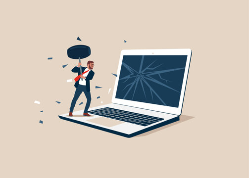 Businessman uses sledgehammer and breaks computer. Frustrated computer user. Office life makes him crazy. Slow internet connection. dealing with error. Flat vector illustration