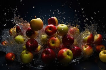 Fototapeta na wymiar Pile of red and yellow Apples splashing into water with black background created using generative AI tools