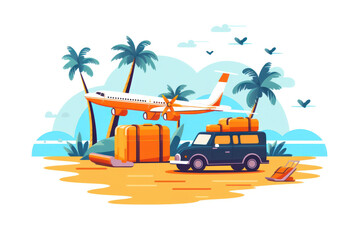 Vacation Mode: A Cartoon Logo of a Beach Scene with Palm Trees, a Suitcase, Plane, and Taxi. Generative Ai