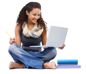 Laptop, education or student woman isolated on transparent png background for research or online learning. Happy biracial person on floor and computer for university planning, studying or college app