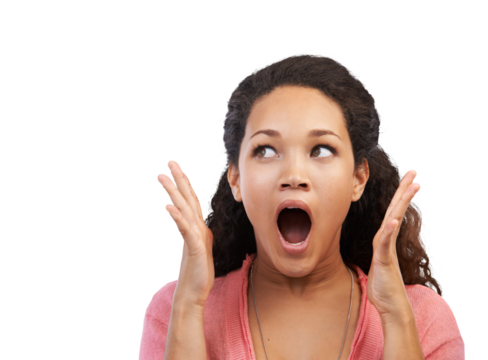 Winner, wow and excited woman with hands on isolated, transparent and png background. Surprised, announcement and girl shocked by news of sale, deal or discount, omg and open mouth emoji expression