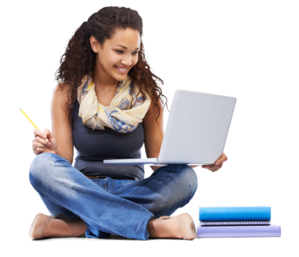 Laptop, education or student woman isolated on transparent png background for research or online learning. Happy biracial person on floor and computer for university planning, studying or college app - Powered by Adobe