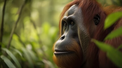 Orangutan in a cinematic tropical forest background with beautiful colors generative ai