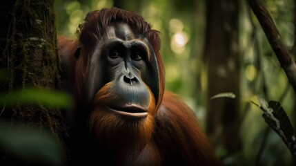 Orangutan in a cinematic tropical forest background with beautiful colors generative ai