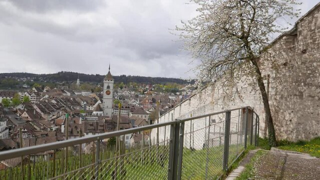 panning over the Munot famous landmark and  the Swiss city of Schaffhausen
