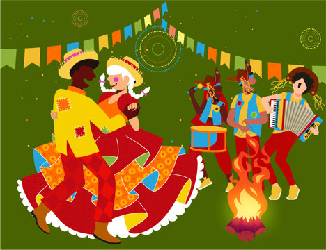 Vetor de casal caipira dan&ccedil;ando quadrilha na fogueira e m&uacute;sicos na Festa Junina