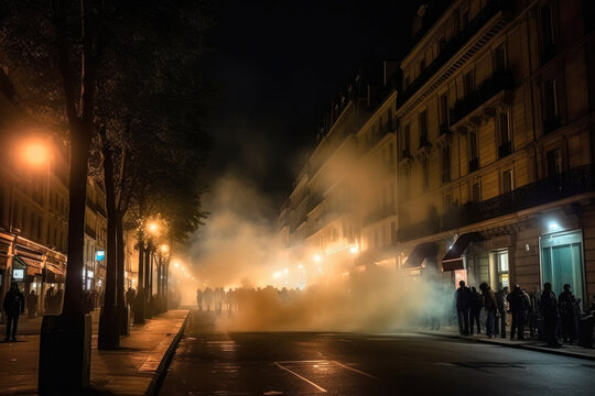 Paris Night Demonstration tears gas. Generative Ai