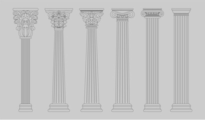 Roman, greek columns. Antique rome pillar, classic baroque temple, ancient doric architecture. Building facade with carved stone decorations. Line isolated elements. Vector tidy decor - obrazy, fototapety, plakaty