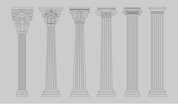 Roman, greek columns. Antique rome pillar, classic baroque temple, ancient doric architecture. Building facade with carved stone decorations. Line isolated elements. Vector tidy decor