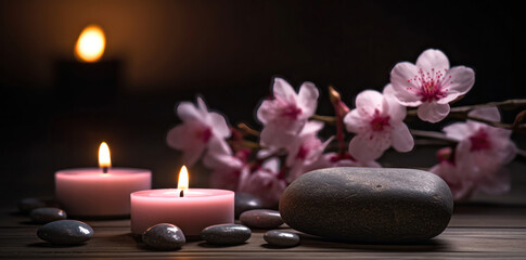 Tranquil Yoga Stones and Candles with Cherry Blossom Backdrop. Generative Ai