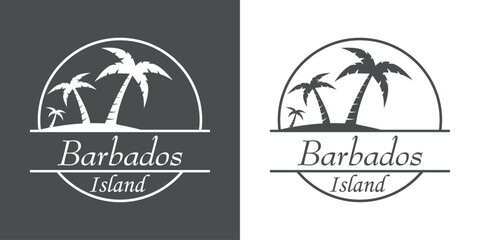 Destino de vacaciones. Logo aislado con texto manuscrito Barbados island con silueta de isla con la palma en círculo lineal