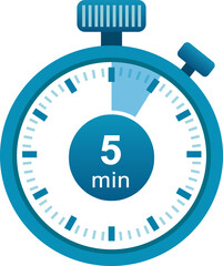 Icona  del cronometro di 5 minuti. Icona cronometro in stile piatto, timer su sfondo a colori. Illustrazione