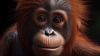 Wallpaper of a cute baby orangutan close-up. Created with generative Ai technology