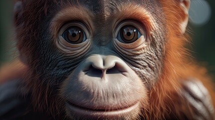 Wallpaper of a cute baby orangutan close-up. Created with generative Ai technology
