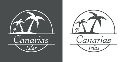 Destino de vacaciones. Logo aislado con texto manuscrito Canarias Islas en español con silueta de isla con la palma en círculo lineal