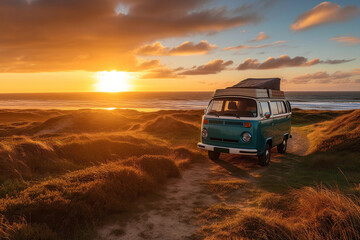 Fototapeta na wymiar Sunset Adventure: Camper Van on Beach with Vibrant Green Meadow and Lush Orange Sky. Generative Ai