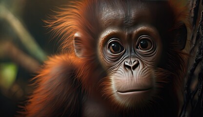 Wallpaper of a cute baby orangutan close-up. Created with generative Ai technology