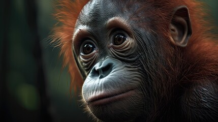 Wallpaper of a cute baby orangutan close-up. Created with generative Ai technology