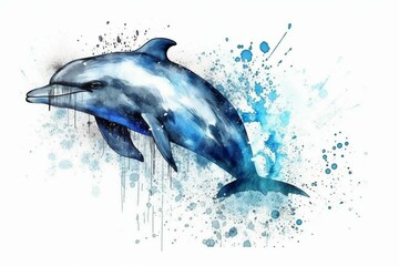 Dolphin illustration in grunge style. Ink painting, smudge, splatter and drip. Ai generated illustration. Generative AI